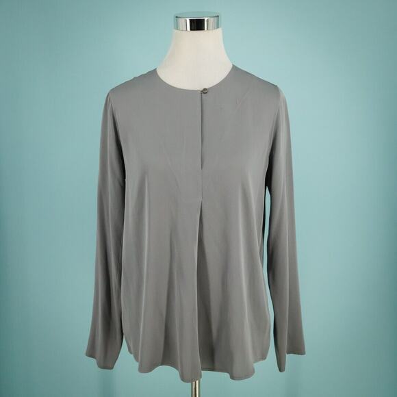 Theory Size Large L Calveer Sheen Gray Pleated Crew Long Sleeve Silk Stretch Top - Picture 1 of 5
